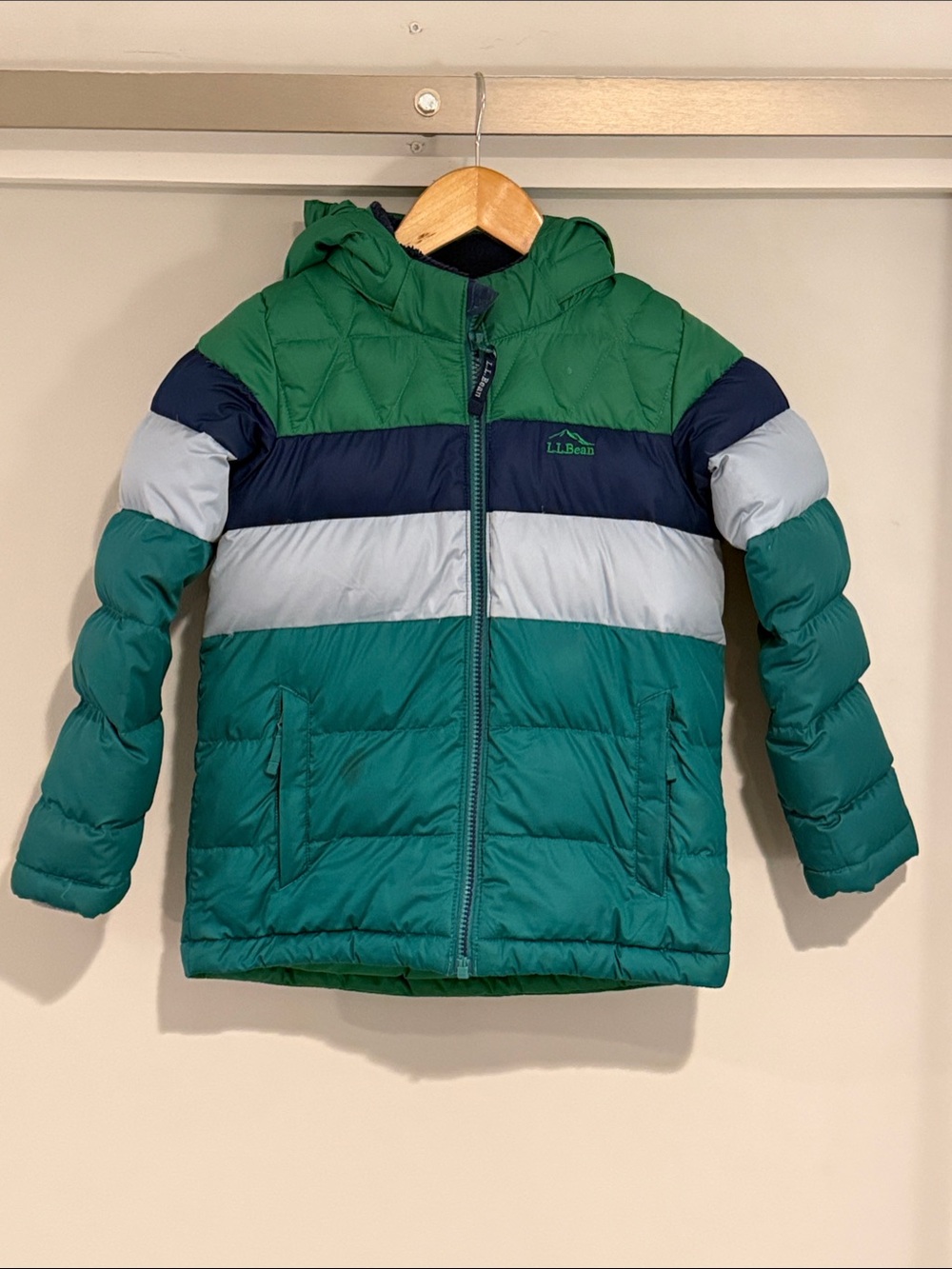 L.L. Bean Green, Teal & Navy Colorblock Kids Puffer Jacket - Little Kids' L 6X/7